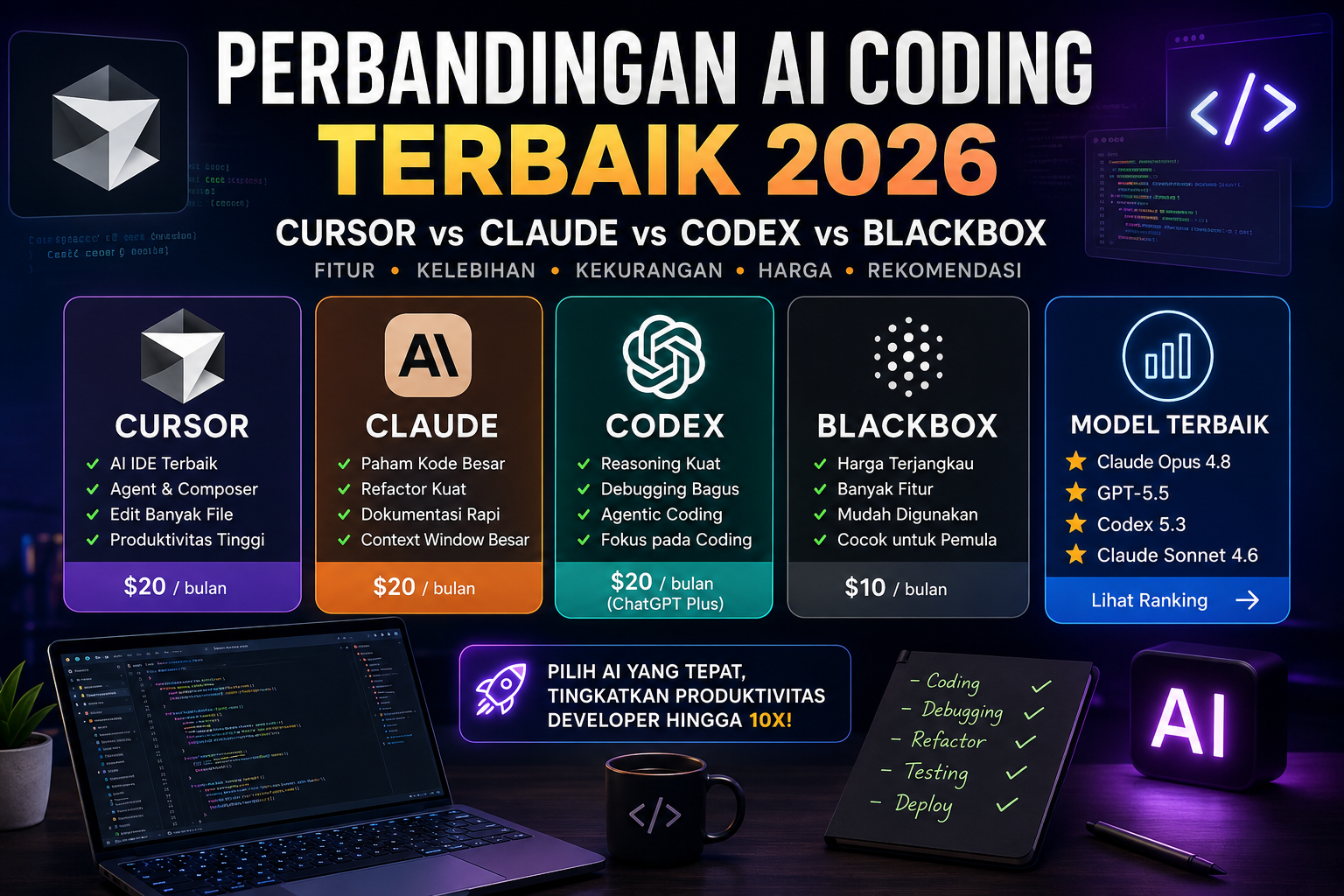 Perbandingan Cursor AI, Claude, ChatGPT Codex, Blackbox, dan Model AI Terbaik untuk Coding